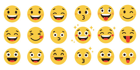 An assortment of expressive yellow emoji icons, featuring smiling, laughing, winking, and kissing faces, conveying a spectrum of human feelings for various design applications