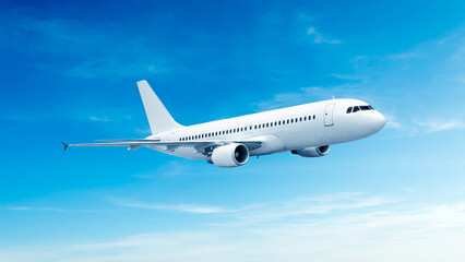 Fototapeta premium White airplane side view flying in the blue sky background. Modern passenger jet airplane.