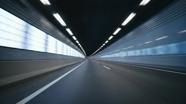 Motion View Through Tunnel With Rows of White Rectangular Lights on The Sides in Dark Environment Perspective Shot
