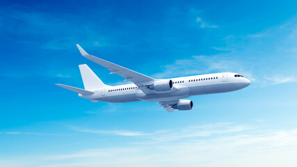 Obraz premium White airplane side view low angle flying in the blue sky background. Modern passenger jet airplane.