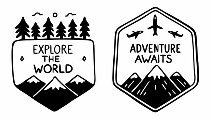Obraz premium Two travel themed badges with trees mountains and planes and text that says explore the world and adventure awaits on transparent background silhouette