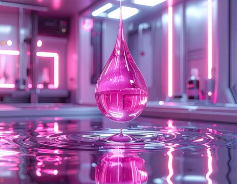 A large, glowing pink droplet suspended above rippling water, reflecting neon lights in a futuristic, sci-fi laboratory setting, creating a surreal and ethereal ambiance with vibrant, cool-toned...