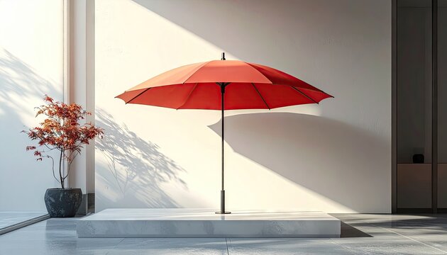 Vibrant red umbrella casts a strong shadow on a minimalist white wall, complementing a small potted tree with red leaves,  - Powered by Adobe