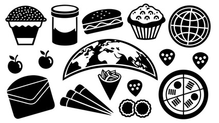 Black and white collection of global food items and world map symbols for marketing.