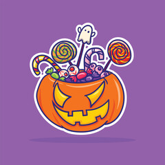 Cute Halloween Pumpkin bucket filled with colorful sweets and candies. For party flyers, stickers, packaging design, social media, and Halloween merchandise.