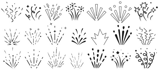 Abstract confetti and fireworks vector set. Hand-drawn doodles of celebration sparks, hearts, and spiral bursts on white background. Hand-drawn festive confetti burst collection, vector firework