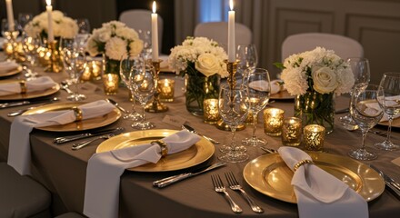 Elegant Wedding Table Setting with Gold Accents, Candles, and Floral Centerpieces