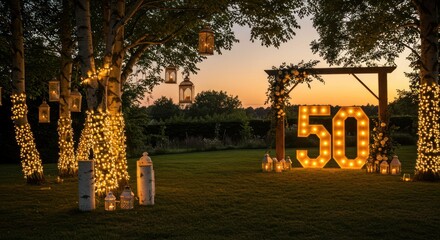 Elegant 50th Birthday Celebration Outdoor Party with Lights and Lanterns at Sunset
