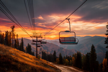 An empty chairlift on a mountain slope in autumn