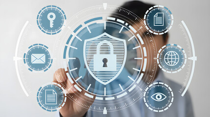 Cybersecurity expert securing data with digital shield interface for innovative cloud technology, ensuring online privacy and protection for modern business