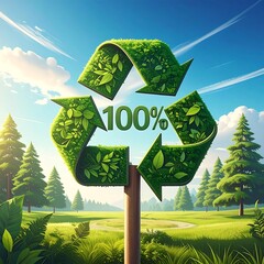 A verdant recycling symbol amidst a lush green landscape, emphasizing environmental sustainability