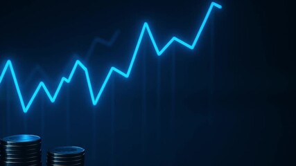 Stock market growth with rising blue line graph and stacked coins showing finance investment profit and success symbolizing financial growth and investment profit in stock market environment - Powered by Adobe