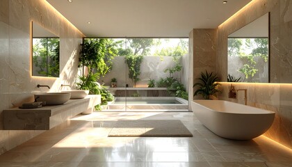 Modern bathroom with elegant design featuring a freestanding tub, dual sinks, and lush greenery outside