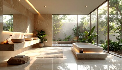 Fototapeta premium Modern bathroom interior featuring a luxurious bathtub and elegant decor with lush greenery outside
