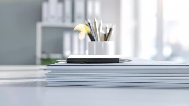 Modern office desk with a pen atop a stack of papers, binders and pen holder blurred in the bright background