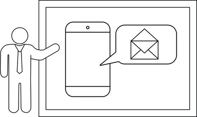 Outline of a stick figure presenting a phone with an email icon inside of a box
