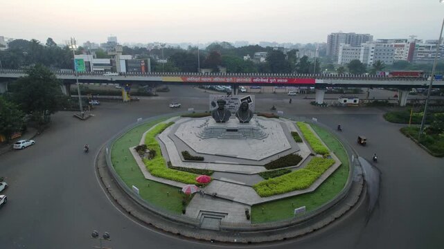 Mumbai Naka Circle with Krantisurya Mahatma Jyotiba Phule Memorial and historical landmark, Nashik, Maharashtra, Establishing drone shot
