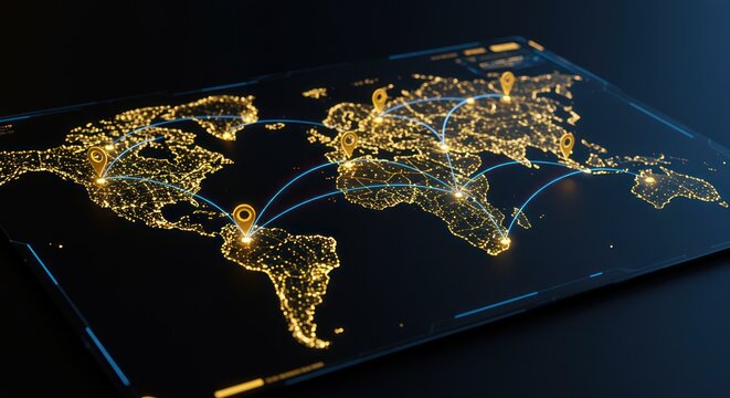 Global Network Connections: Digital World Map with Location Pointers