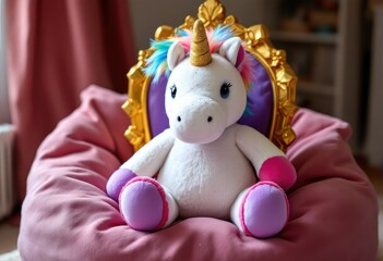 Fluffy unicorn plush in a royal throne