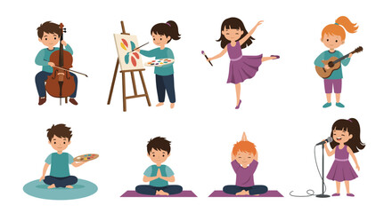 Children engaging in various artistic and physical activities to foster creativity and well-being.