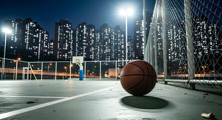 Urban basketball court at night with illuminated city skyline and hoop.