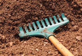 Gardening rake in dark soil
