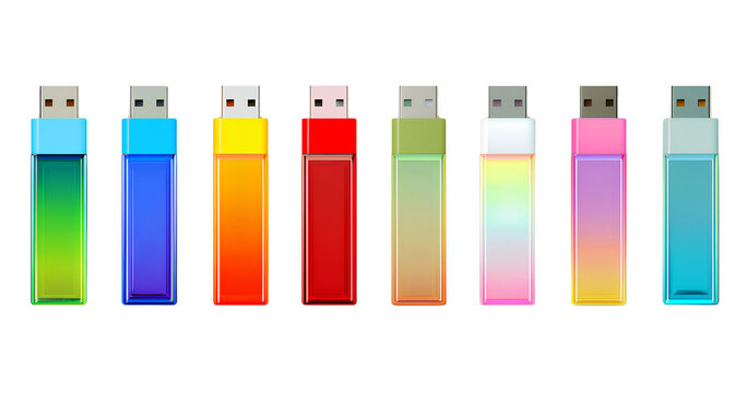  colorful set of flash drives or otg (on-the-go) devices isolated on a transparent background