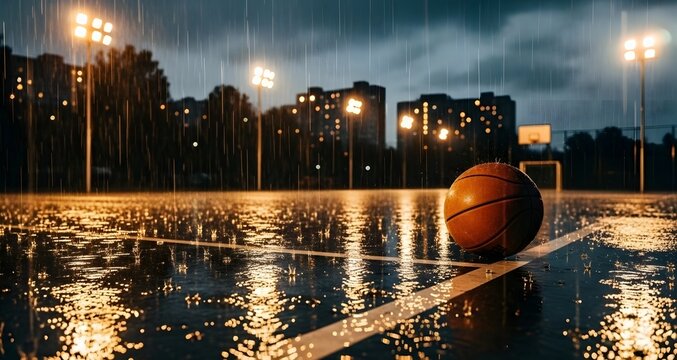 Rainy Night Basketball - A Solitary Game Under City Lights.