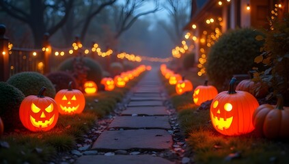 Obraz premium Halloween Garden Path with Glowing Lanterns, Pumpkins, and Twinkling Fairy Lights — Whimsical Night Scene with Fog and Warm Atmosphere