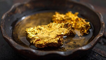 Close-up of shimmering gold nuggets resting in a rustic bowl filled with clear liquid, showcasing natural beauty