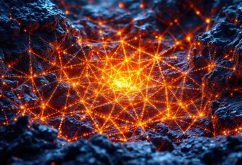 Abstract network embedded in dark rocky terrain