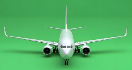 Front View of a Detailed Commercial Jet Airplane Model on Green Background.