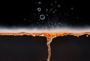 Amber liquid cascades, bubbles explode on black