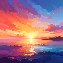 Vibrant coastal landscape at sunset with colorful sky and ocean reflections