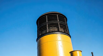 Close-up of a yellow ship's funnel against a clear blue sky