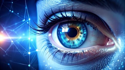 A detailed human eye with a complex, glowing blue and gold iris, set against a futuristic digital network - Powered by Adobe