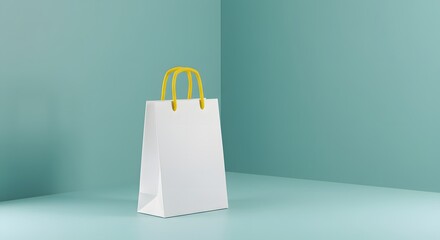 White paper shopping bag with yellow handles in a minimalist teal corner studio setting.
