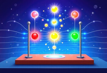 Colorful glowing orbs connected by lines on a pedestal, futuristic display