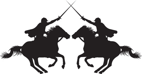 Two horseback fighters in silhouette locked in sword duel — versatile for developers, authors, marketers; works for ads, slides, blogs, merch, and visual storytelling about conflict, bravery.
