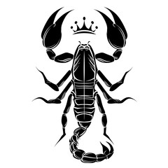 A striking black and white vector illustration of a scorpion with symmetrical minimalistic tribal design elements,