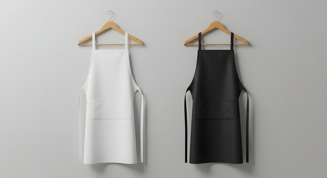 Aprons hanging on wooden hangers, white and black aprons on a wall.