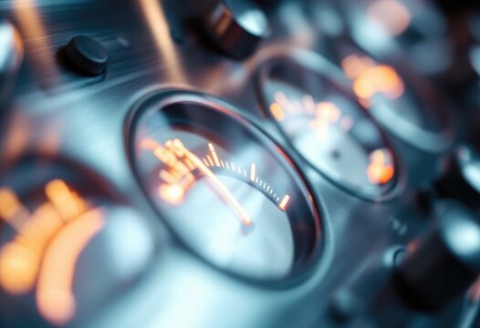 Close-up of a futuristic control panel with gauges