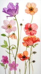 A vertical array of colorful, backlit blossoms against a bright white background