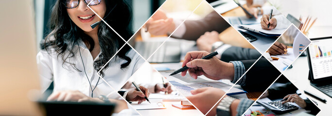 Modern geometric collage design combining images of a call center agent and various business people collaborating in a meeting, symbolizing global communication and synergy