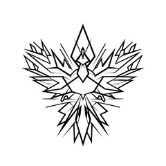 Obraz premium A black and white vector illustration of a symmetrical tribal bird with sharp angular lines, pointed edges,
