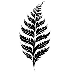 A black and white vector illustration of a large fern leaf with intricate details,