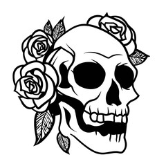 A black and white vector illustration of a stylized skull adorned with intricate roses,