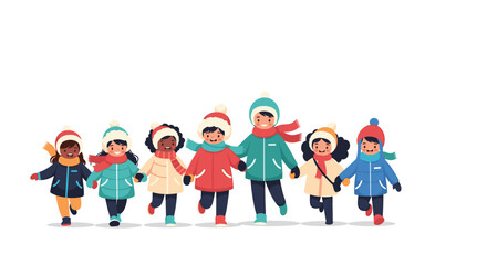 Fototapeta premium A group of diverse children wearing winter clothing are joyfully running and holding hands in the snow.