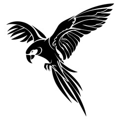 A bold black and white tribal parrot vector illustration with extended wings, detailed feather patterns,