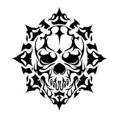 A monochromatic symmetrical vector tattoo design featuring a stylized skull with intricate tribal patterns radiating out